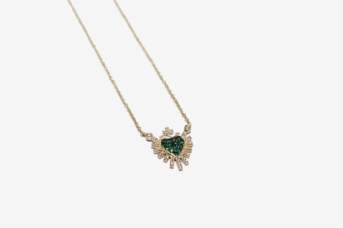 14k Gold Emerald + Diamond Sacred Heart Necklace