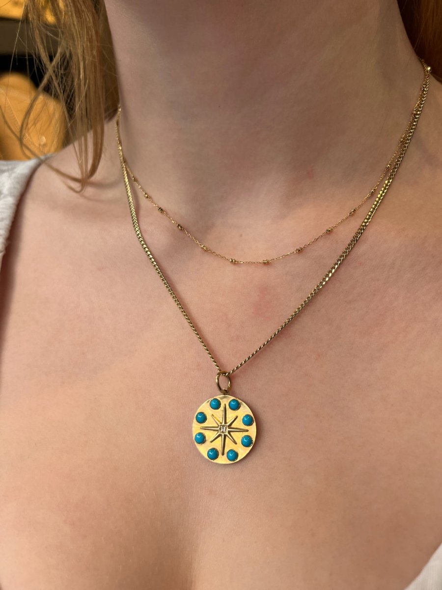 14k Gold Turquoise Compass Pendant