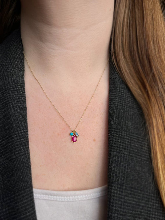 18k Gold Ruby, Turquoise, Opal Charm Necklace