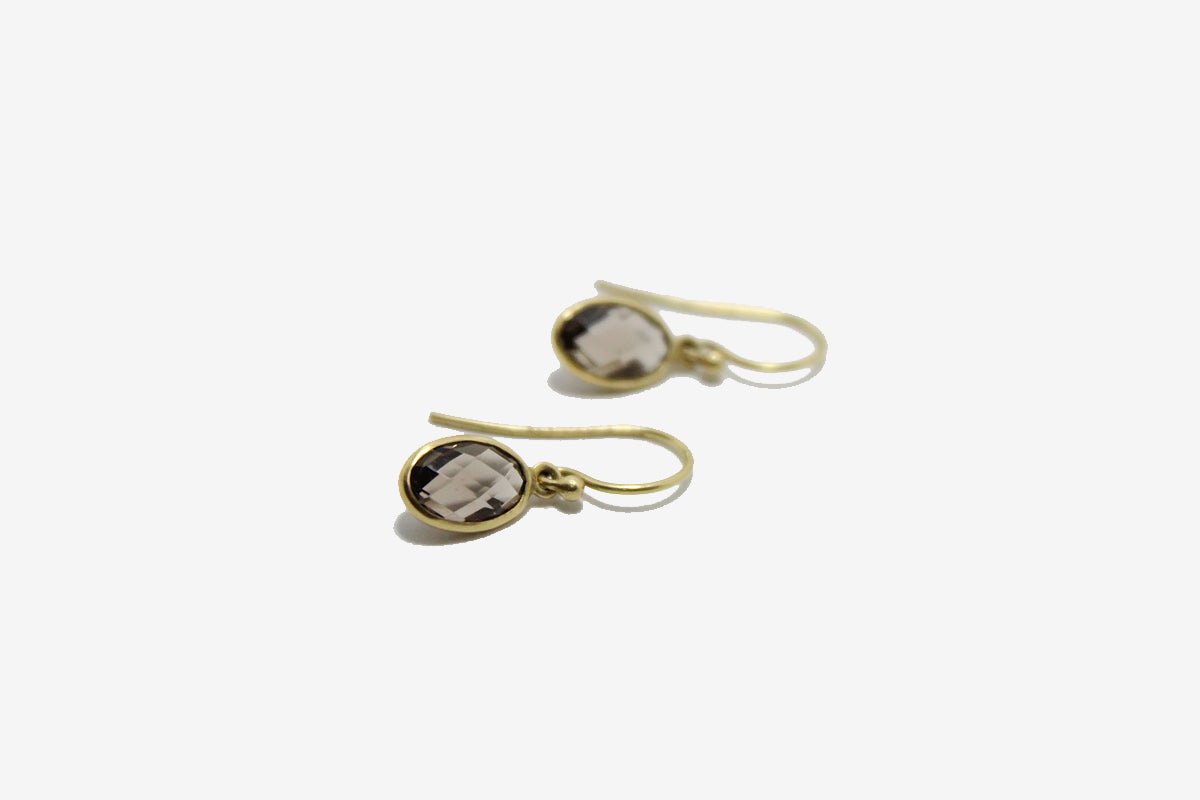 18k Gold Smoky Quartz Tiny Oval Earrings