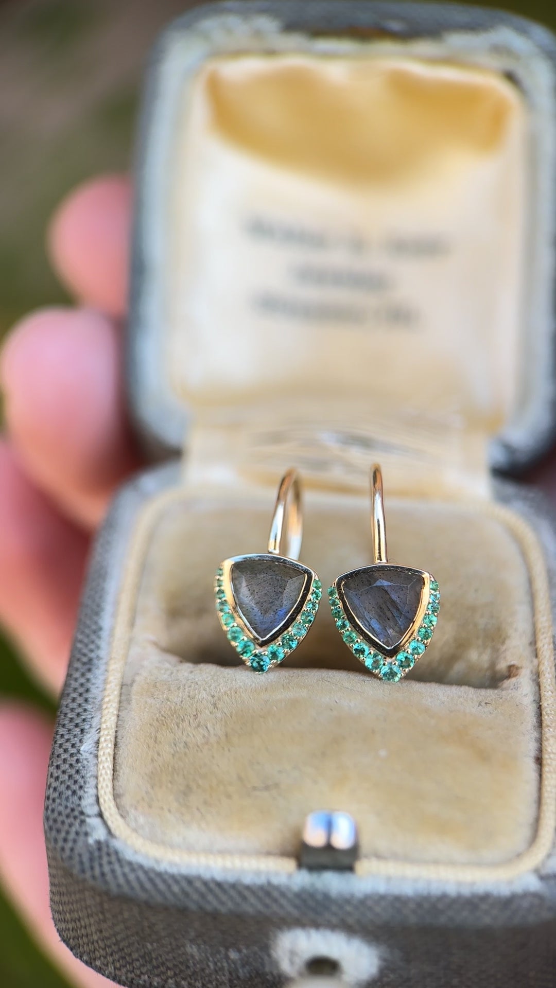 9k Gold Labradorite & Emerald Trillion Drop Earrings