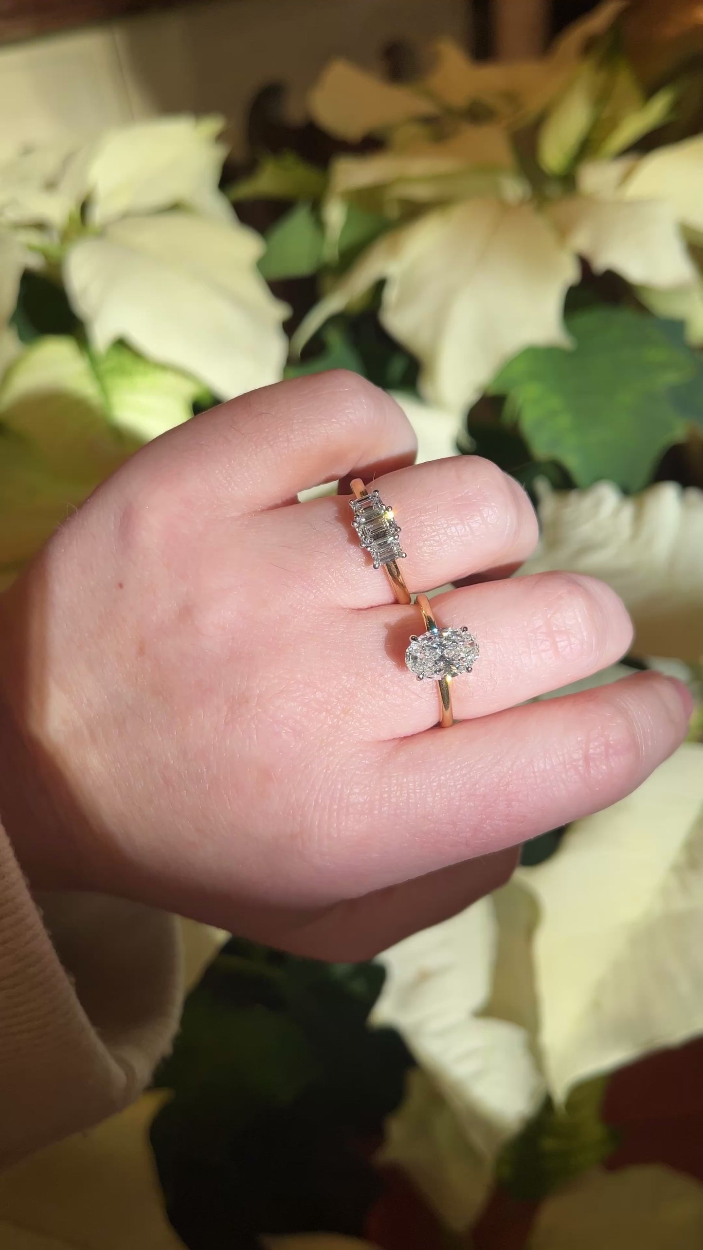 18k Gold Three Stone Emerald Cut Diamond Ring