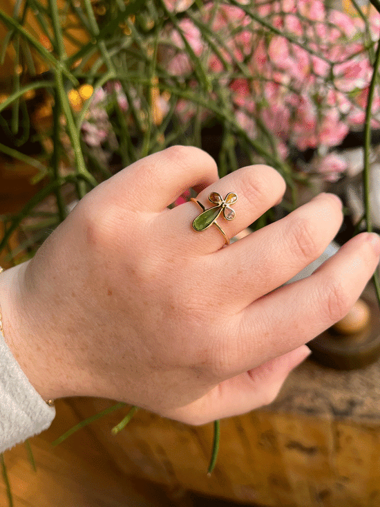 14k Gold Green Tourmaline + Diamond Ring